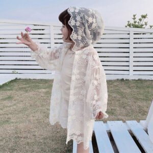 boho floral lace kimono open front sheer cover up long sleeve with hat