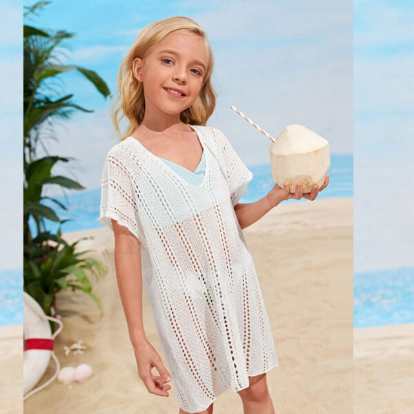 girls crochet cover up cut out v neck short sleeve swimsuit