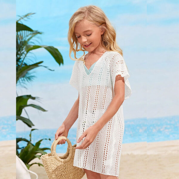 girls crochet cover up cut out v neck short sleeve swimsuit