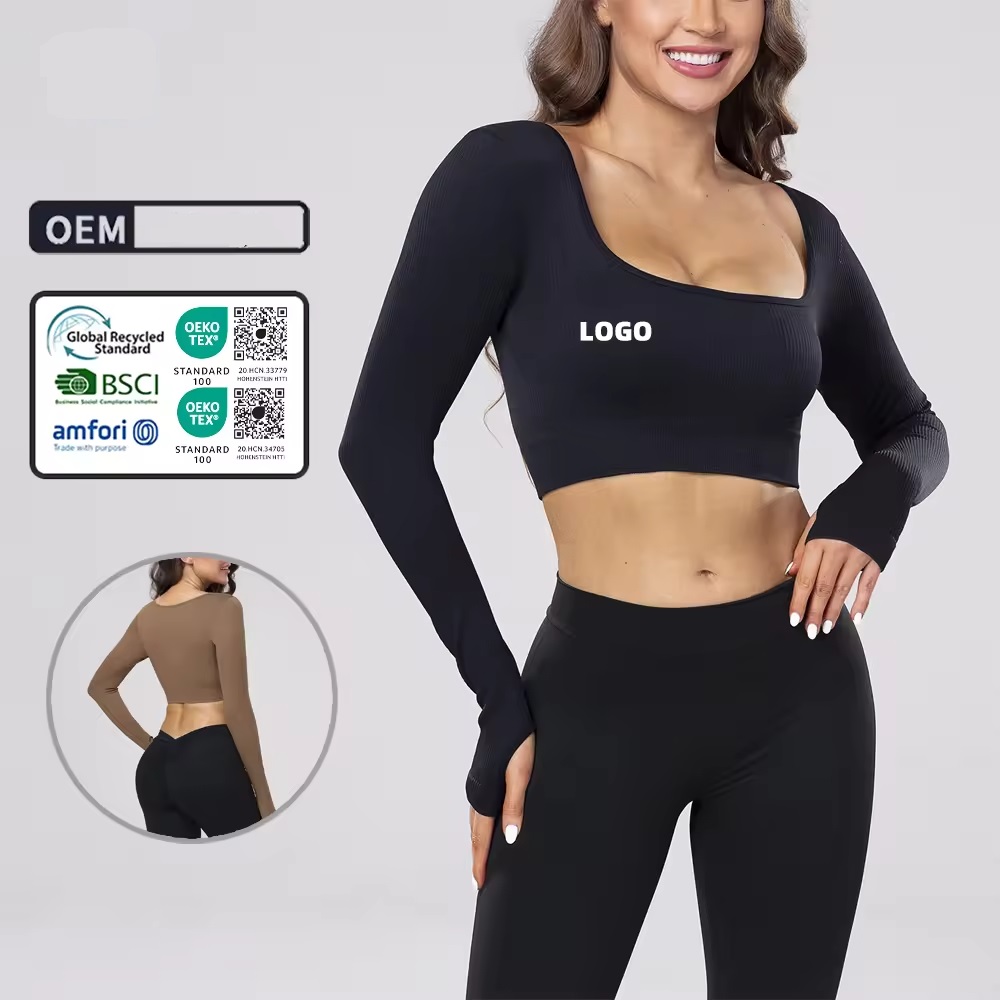 custom logo hot long sleeve tops for women spandex and nylon clothing sport top gym yoga wear