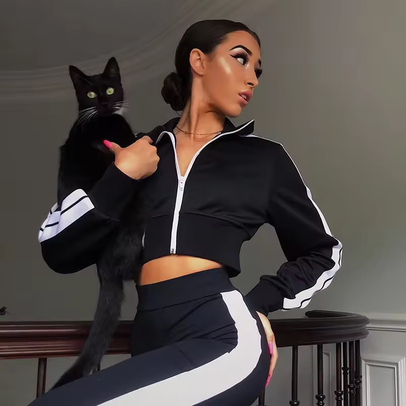 cotton jacket activewear set elastic waist crop plaid active wear woman women's sports gym fitness yaga wear