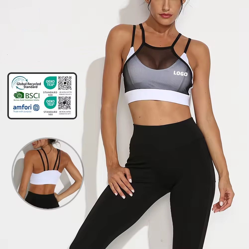custom logo women back breathable sports underwear yoga double layer mesh crop top sports bra